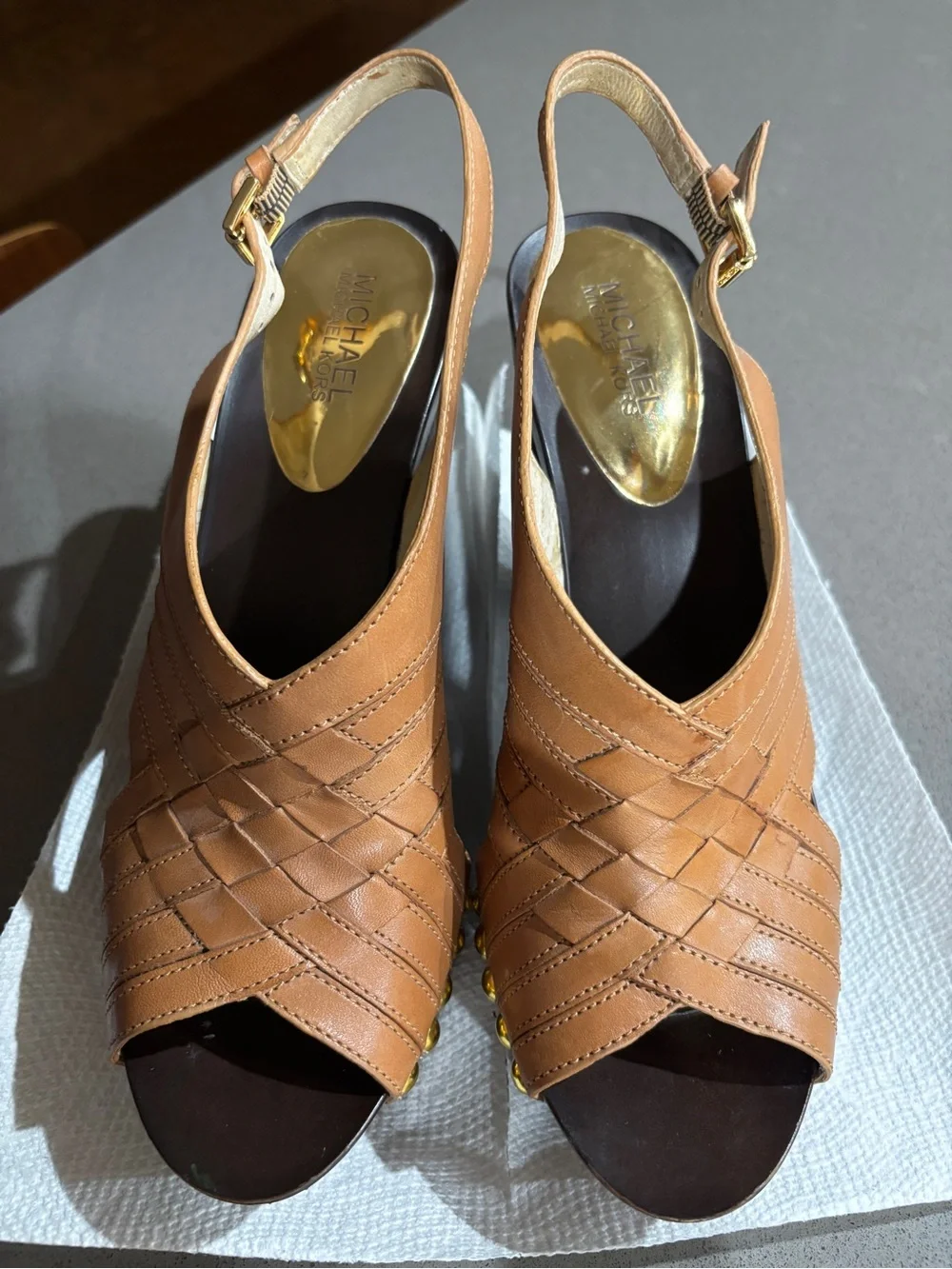 Michael Kors Cognac Leather Wedge Slingback Sandals with Gold Studs